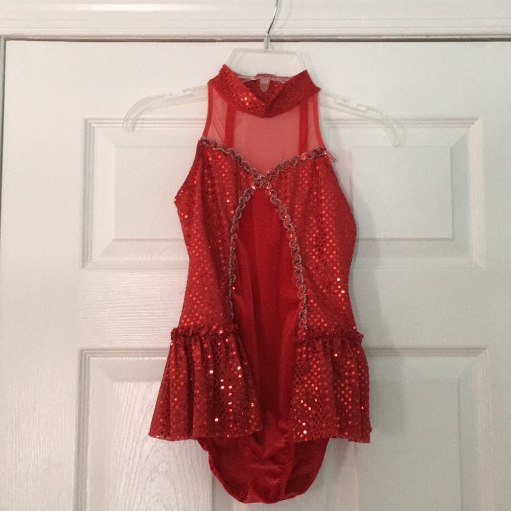 Girls tap/jazz red sequined and velvet costume.